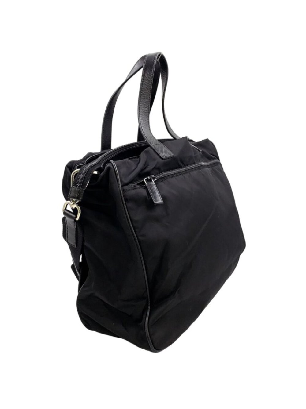 Prada 2-Way Shoulder Leather Nylon Black Handbag Silver - Picture 2 of 14